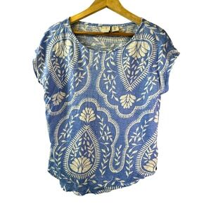 Joie Blue White Floral 100% Linen Short Sleeve Top XL Beachy Coastal Grandma
